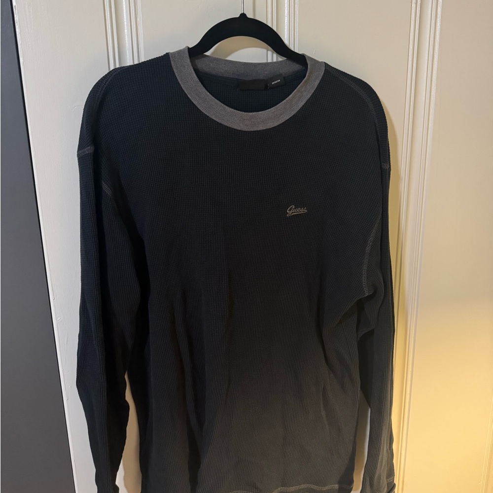Guess Black and Gray Crew Neck Waffle Shirt